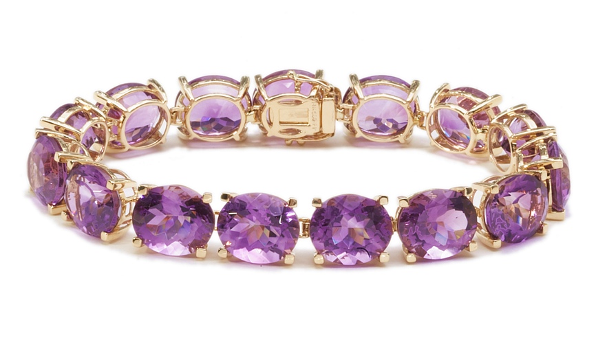 14k Gold Bracelets - Huge 14k Gold Oval Amethyst Bracelet