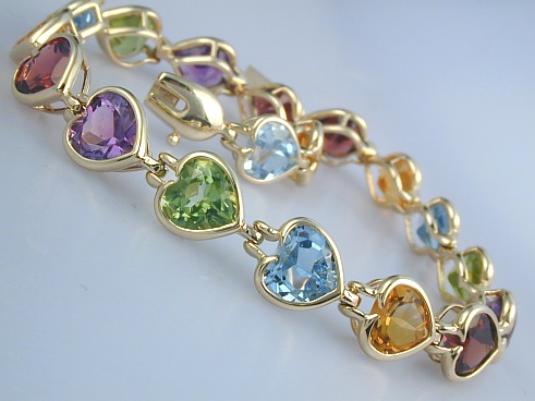 14k Gold Bracelets - 14k Gold Multi Gemstone Heart Link Bracelet