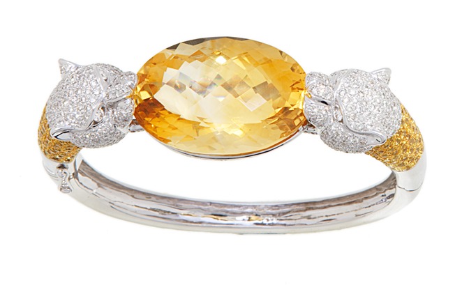 Diamond Bangle - 18kt White Gold Diamond Yellow Sapphire And Citrine Panthers Bangle