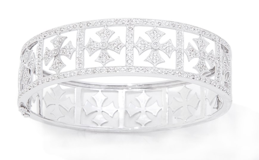 Diamond Cross - 14kt White Gold Greek Cross Diamond Design Bangle