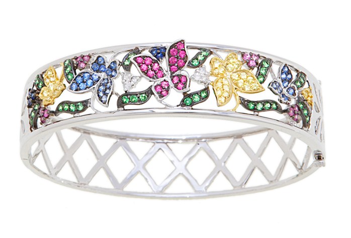 Diamond Bangle - 18kt White Gold Bangle With Multi Colored Multi Sapphire Butterflies With Diamond Accents