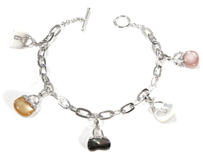 Pearl Charm Bracelets - 14kt White Gold Mother Of Pearl Pocketbook Charm Bracelet