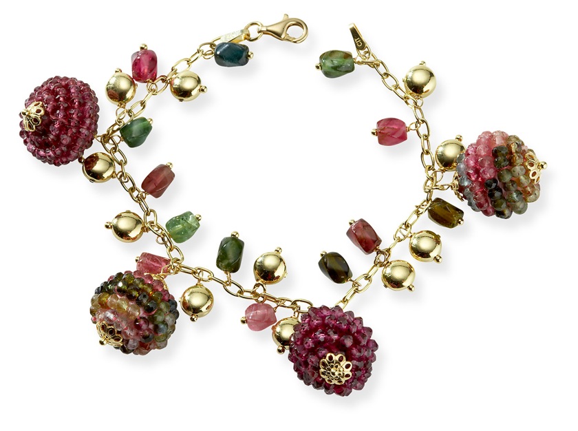 Gold Charm Bracelets - 14kt Gold Charm Bracelet With Pink And Green Tourmaline Drops
