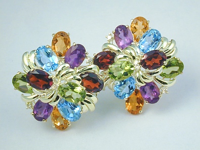 Gemstone And Diamond Earrings - 14k Gold Multi-color Gemstone Earrings With Diamond Centers