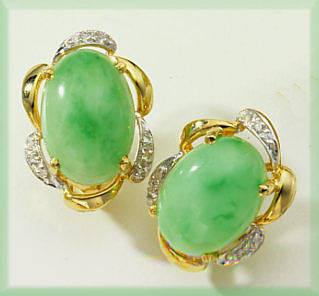 Jade Earrings - 14k Gold Green Jade And Diamond Earrings