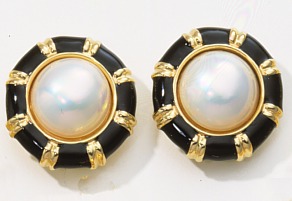 Jewelry Boxes - 14k Gold Mabe Pearl Earrings With Black Enamel