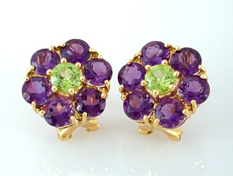 Amethyst And Gold Earrings - 18k Gold Floral Amethyst And Peridot Earrings