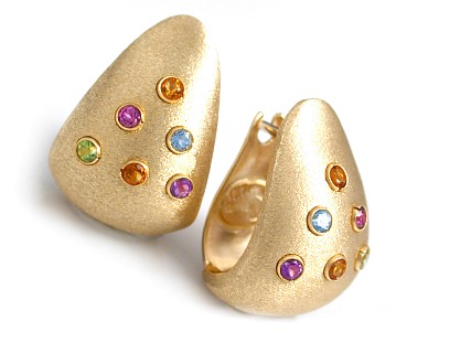 Gemstones - 14k Matte Earrings With Multi Gemstones Pierced