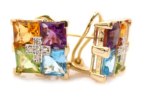 Gemstone Earrings - 14k Gold Diamond & Gemstone Square Earrings