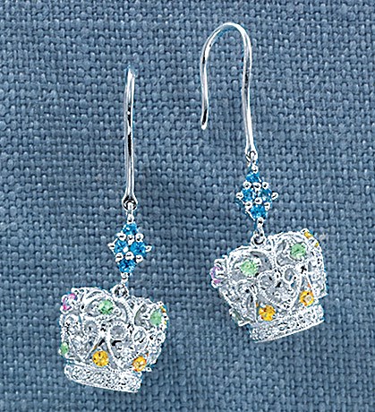 Cubic Zirconia Ring - 14k White Gold Multi-gem Crown Euro-wire Earrings