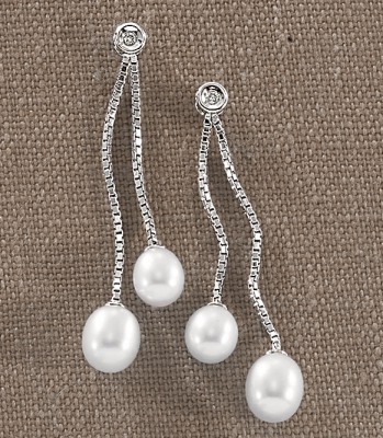 Pearl Diamond Earrings - 14k White Gold Diamond & Pearl Drop Earrings