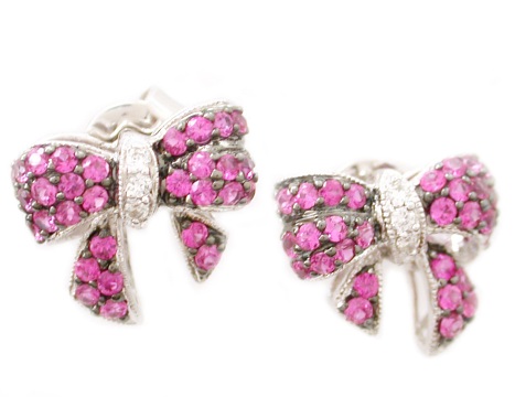 Dive Watches - 18k White Gold Diamond & Pink Sapphire Bow Earring