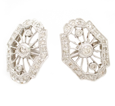 Design Diamond Earrings - 14k White Gold Filagree Design Diamond Earrings