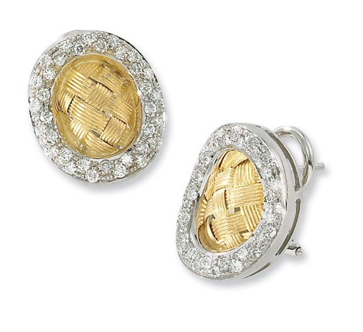 14k 2-tone Gold Basket-Weave Diamond Earrings