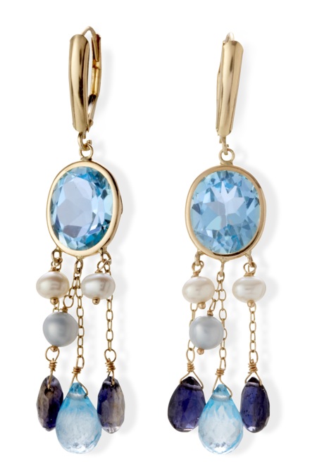 14k Gold Freshwater Pearl, Blue Topaz and Iolite Dangle Earrings