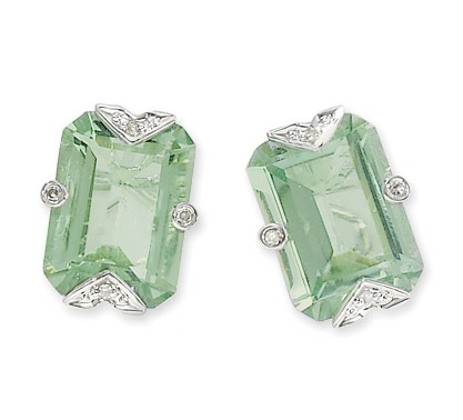 Amethyst Earrings - 14k White Gold Green Amethyst And Diamond Earrings