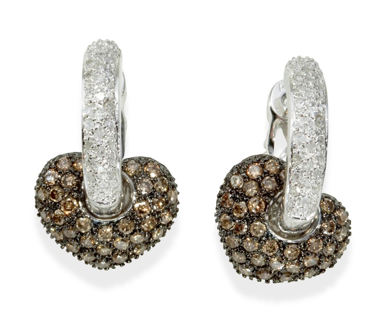 Earrings Diamond - 14k White Gold Hanging Champagne Diamond Heart And Diamond Hoop Earrings
