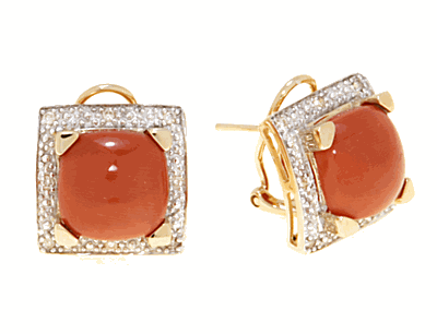 Coral Earrings - 14k Gold Square Coral And Diamond Earrings