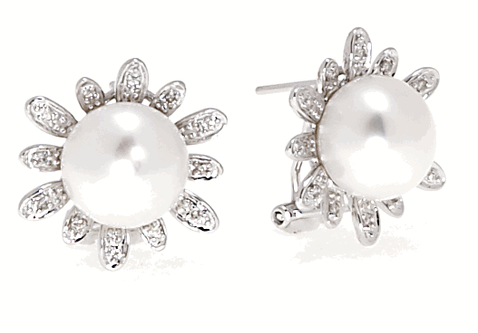 Pearl And Diamond Earrings - 14kt White Gold Pearl And Diamond Earrings