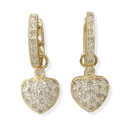 Dangling Earrings - 14k Gold Dangling Diamond Hearts Hoop Earrings