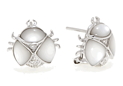 Pearl And Diamond Earrings - 18k White Gold Diamond And Mother Of Pearl Lady Bug Earrings