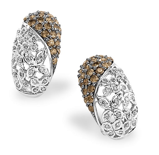 Champagne Diamonds - 14k White Gold White & Champagne Diamond Flower Earrings