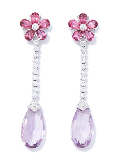 Diamond Drop Earrings - 8kt White Gold Rhodolite Flower Diamond Strand With Amethyst Drop Earrings