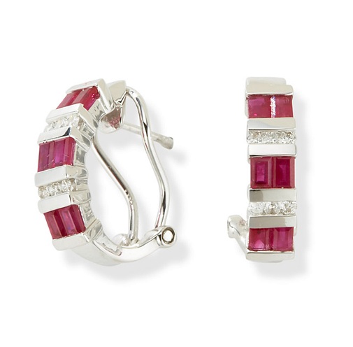 18k Gold Earrings - Ruby And Diamond 18k White Gold Earrings