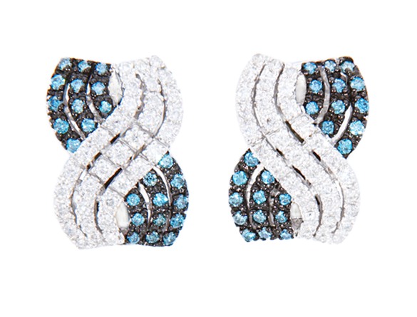 Blue Diamond Earrings - 14k White Gold Diamond And Teal Blue Diamond Earrings