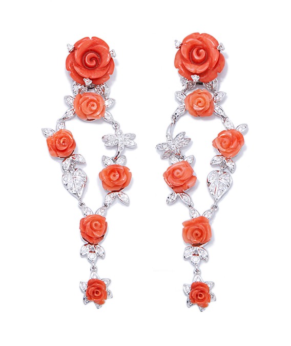 Coral Earrings - 18k White Gold Diamond Earrings With Coral Roses