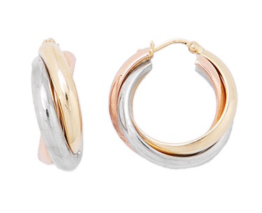 14k Gold Hoop Earrings - 14k Tri-Color Gold Triple Hoop Earrings