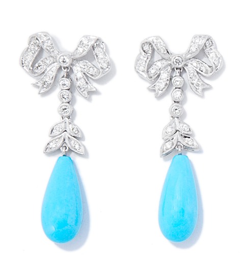 Gold Turquoise Diamond Jewelry - Turquoise Jewelry 18kt White Gold Diamond Bow With Turquoise Drop Earrings
