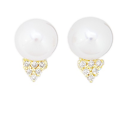 Pearl And Diamond Earrings - 14k Gold 10mm Fresh Water Pearl And Diamond Earrings