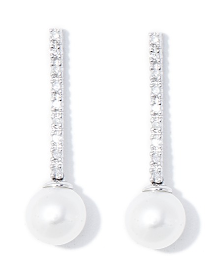 Diamond Earrings - 14kt White Gold Diamond Sticks And Freshwater Pearl Earrings