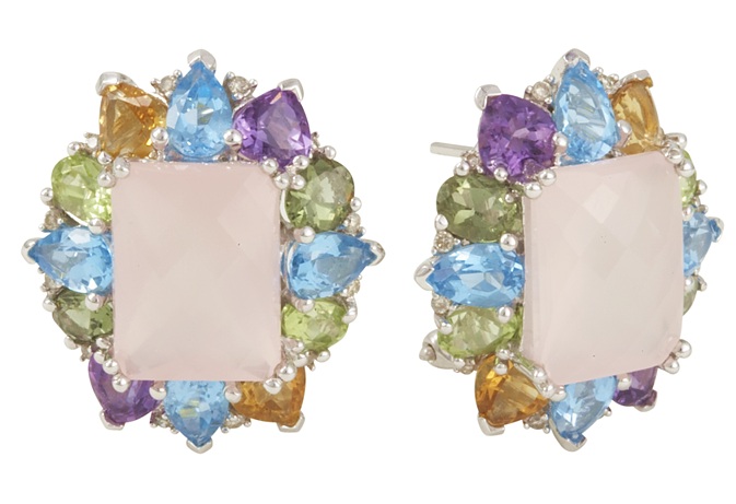 Gemstones - 14k White Gold Rose Quartz Earrings With Multi Color Gemstones