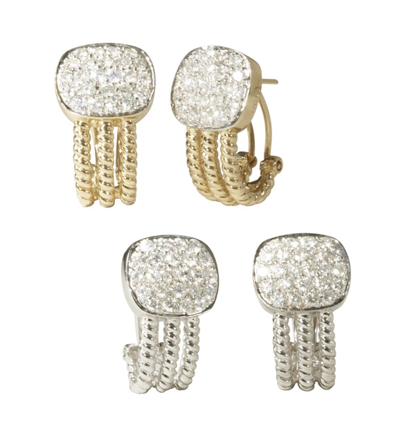 Three Diamond Earrings - 14kt White Gold Three-row Diamond Earrings