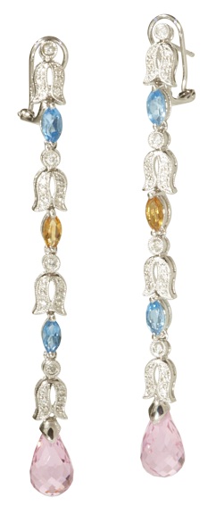 Blue Topaz Briolette Earrings - Long 14k White Gold Blue Topaz Citrine And Briolette Pink Quartz Earrings