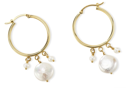 Gold Coin Earrings - 14kt Yellow Gold Freshwater Coin Pearl Hoop Earrings