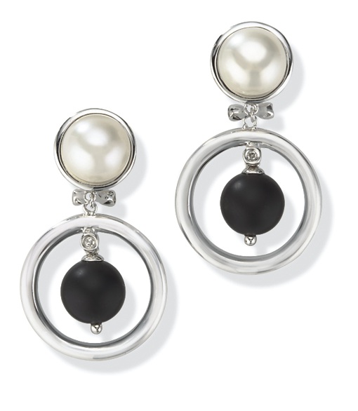 Sterling Silver And Onyx Earrings - Sterling Silver Diamond Pearl & Black Onyx Hanging Ball Earrings