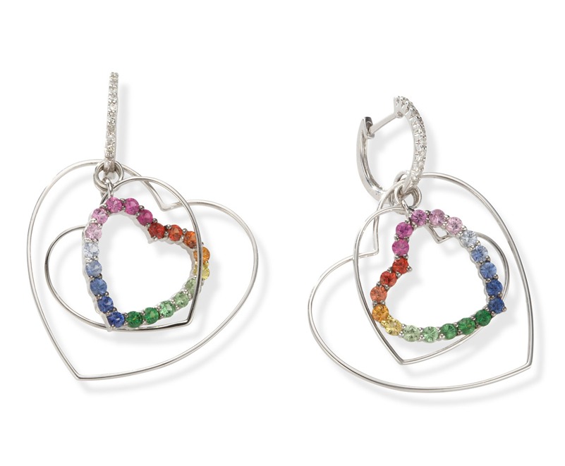 Diamond Heart Dangle Earrings - 14kt White Gold Multi Sapphire & Diamond Multi Dangle Heart Earrings