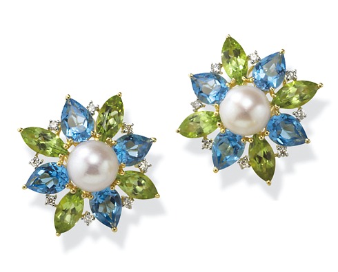 Blue Pearl Earrings - 14kt Gold Diamond Peridot Blue Topaz & Pearl Flower Earrings