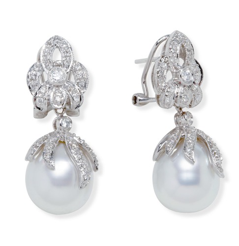 Diamond Earrings Drop - 18kt White Gold Diamond & South Sea Pearl Drop Earrings