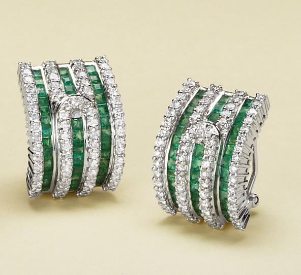 18k Gold Earrings - Emerald And Diamond Earrings In 18k White Gold