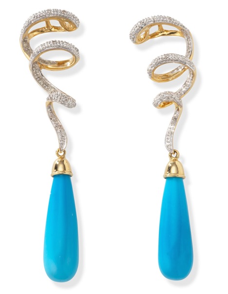 Turquoise Drop Earrings - Turquoise Jewelry 18kt Gold Swirl Diamonds & Turquoise Drop Earrings