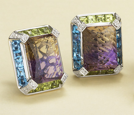 18k Gold Earrings - Ametrine 18k White Gold Earrings With Peridot And Blue Topaz