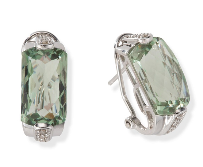 Amethyst And Gold Earrings - 14k White Gold Green Amethyst And Diamond Earrings
