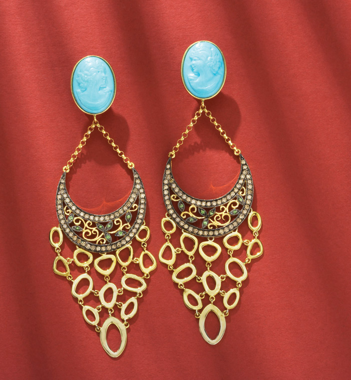 Chandelier Earrings - 18k Gold Champagne Diamond Chandelier Earrings With Turquoise Cameo