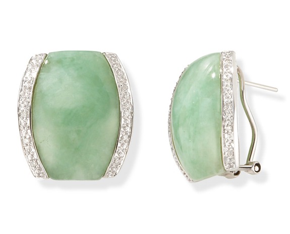 Jade Earrings - 14k White Gold Green Jade And Diamond Earrings