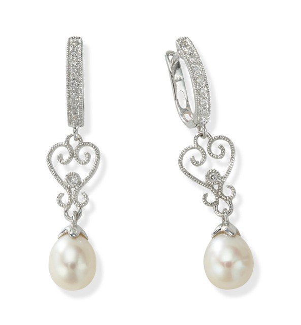 Pearl And Diamond Earrings - 14kt White Gold Pearl Dangling Diamond Hoop Earrings