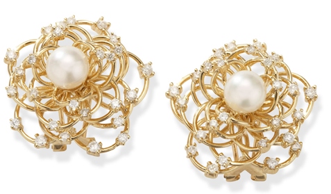  14k Gold Pearl Rose Flower Earrings with Diamonds